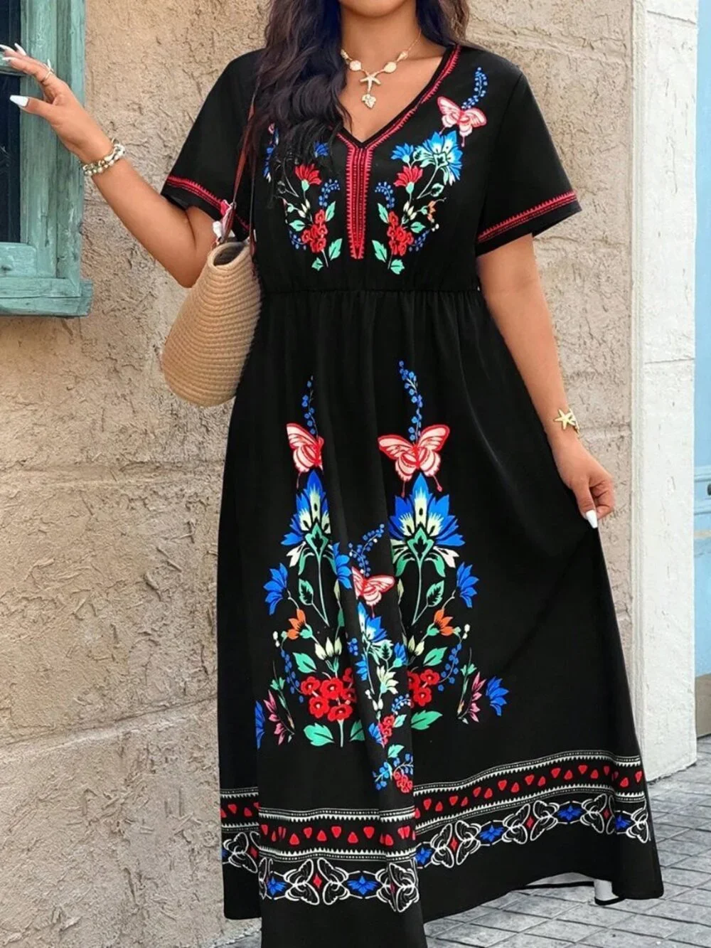 Black Boho Women's Plus Size Casual Vacation Placement Print Dress